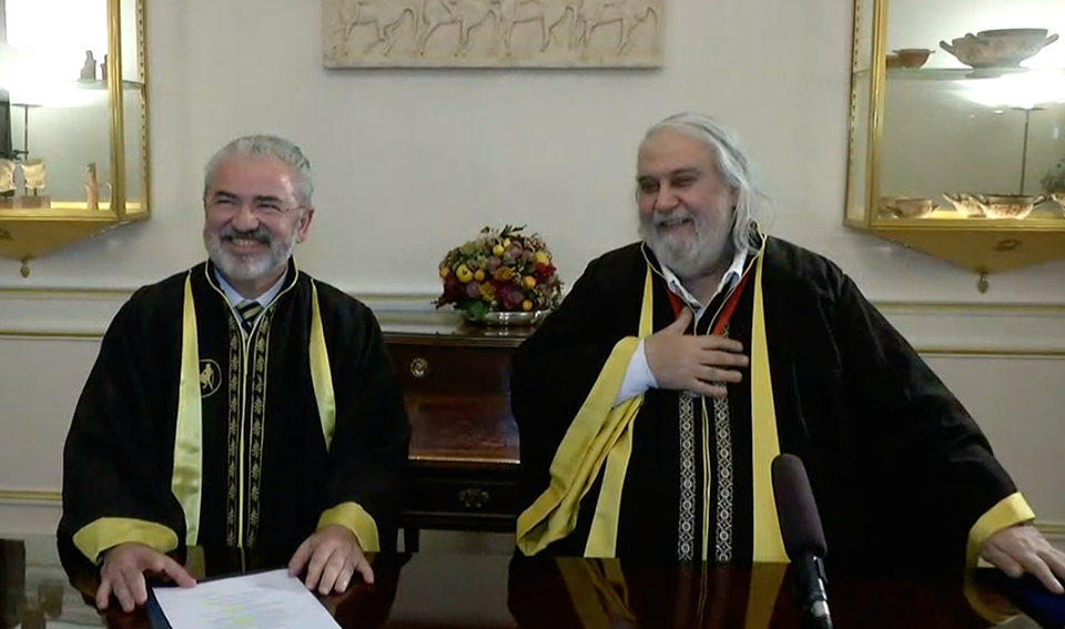 Vangelis with Mr. George Petrakos in Paris during ceremony via video link